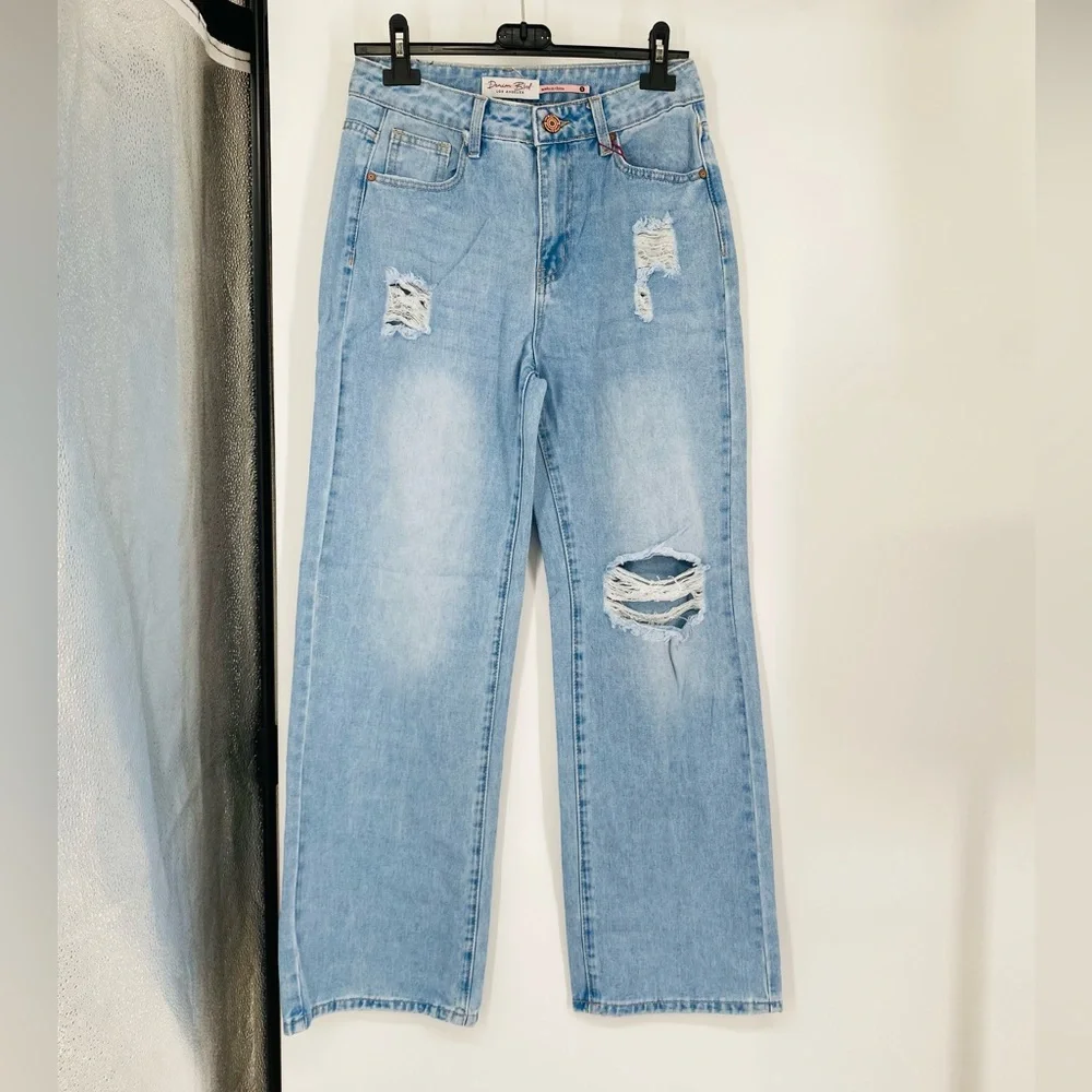 Blue High Waist Ripped Distressed Wide Leg Jeans Denim Pants - Picture 8 of 11
